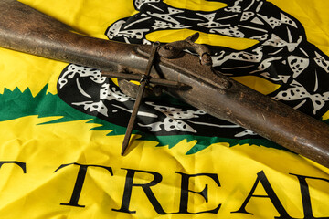 old musket gun with metal cross on yellow don't tread om me Gadsden flag