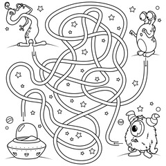 Puzzle for children. Labyrinth. Coloring the contour of the road in space by which you need to determine whose flying saucer it is. Coloring book for children.