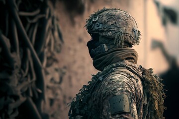 A soldier surveys a hostile area, ready for any challenges that may come his way. Created with generative AI.