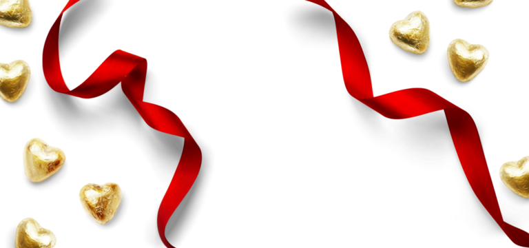 Design elements for Valentine's Day background. Heart shaped golden candies and Red ribbon on a transparent background, flat lay, clipping path, real soft transparent shadow. PNG