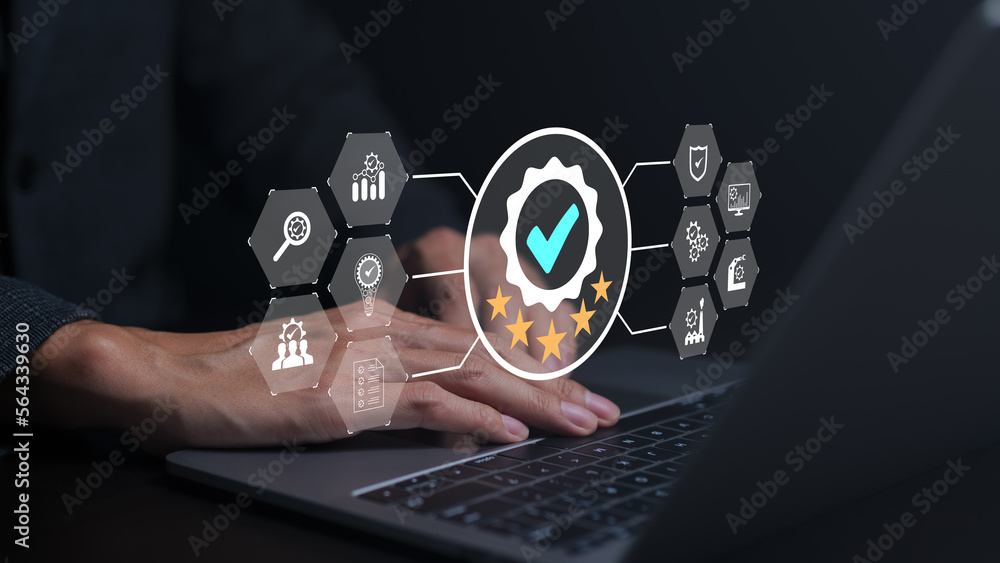 Poster standard quality control certification assurance concept. businessman working with checkbox icon of 