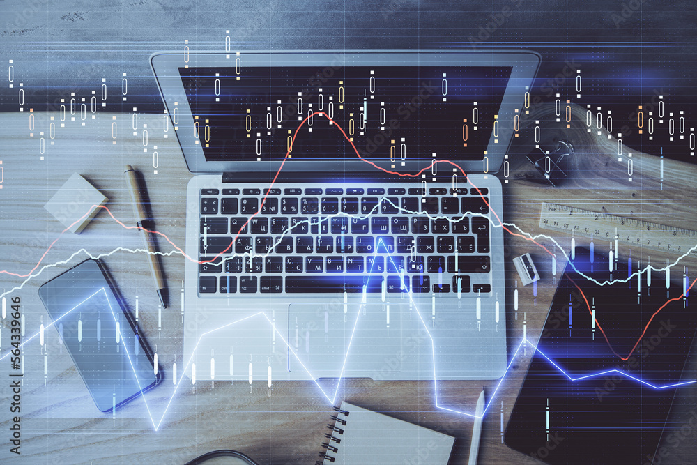 Poster multi exposure of forex graph and work space with computer. concept of international online trading.
