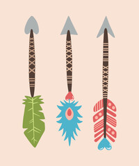 A set of arrows with colored feathers. Elements for design of a greeting card, invitation, print and sticker. Illustration for Valentine's day. Cute romantic clip art.
