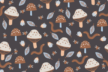 MUSHROOM, FUNGI, CRITTERS, LEECH, SNAIL, FLOWER, LEAVES FLORA AND FAUNA NATURE SEAMLESS PATTERN IN EDITABLE FILE
