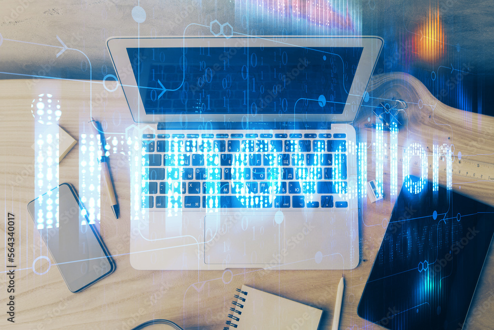 Poster Double exposure of desktop computer and technology theme hologram. Concept of software development.