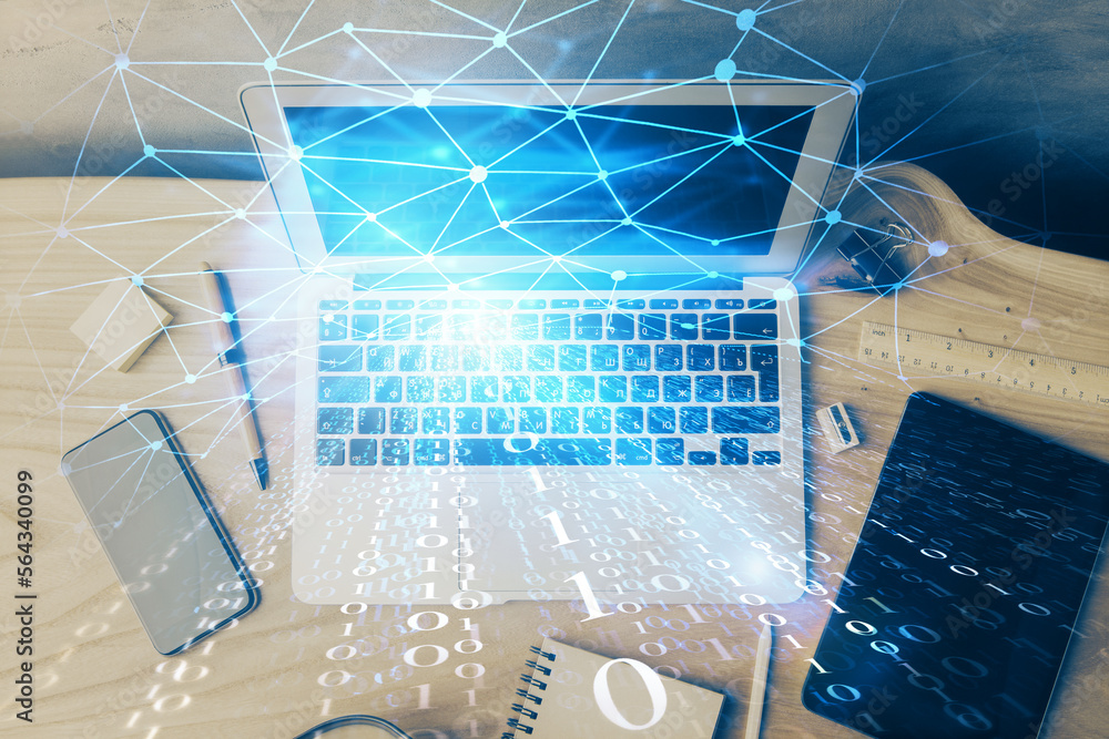 Poster Double exposure of desktop computer and technology theme hologram. Concept of software development.