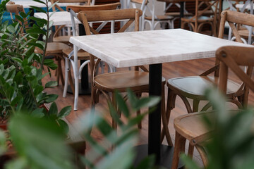 Fototapeta na wymiar Modern cafe interior with wooden tables with chairs and green plants
