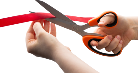 Cutting a red ribbon with scissors on a white background. Opening procedure, inauguration, new project.