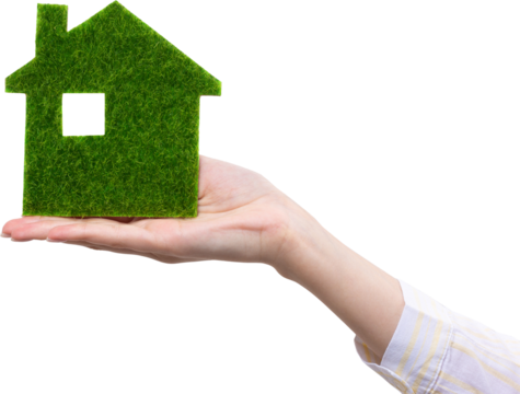 Female hands hold a model of a green house close-up. Sale of ecological real estate of the future. - Powered by Adobe