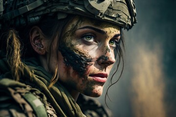 A close-up shot of beautiful female special forces soldier in camouflage gear ready for action in a war zone. Created with generative AI.