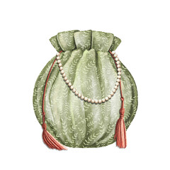 Watercolor vintage antique green bag with pearl beans and red tassels isolated on white background. Hand drawn illustration sketch
