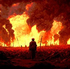 War crimes, atrocities of war, solider looking at burning field,big fire 