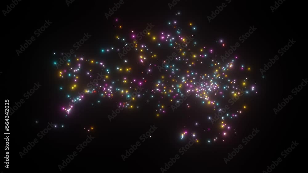 Poster 3d abstract background. glowing multi-colored particles scatter on a black background.