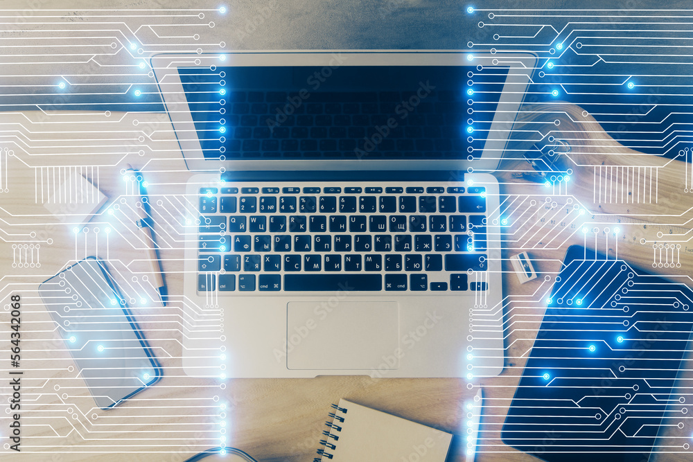 Poster Computer on desktop in office with technology theme hologram. Multi exposure. Tech concept.