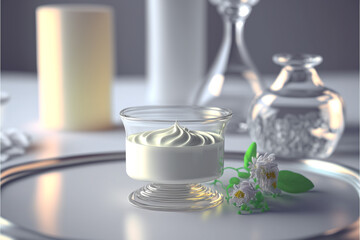 Natural face cream in a glass jar on a table with decorations. Presentation for your business.