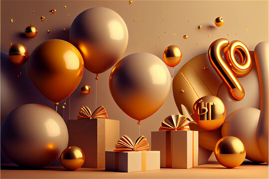 Gold birthday decor with balloons an presents ideal for celebration backgrounds, generative AI