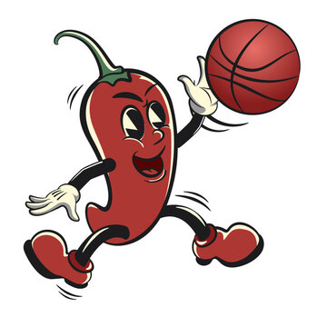 recommend clip art: vector vintage illustration of a red chili mascot cartoon character jumping with a basketball