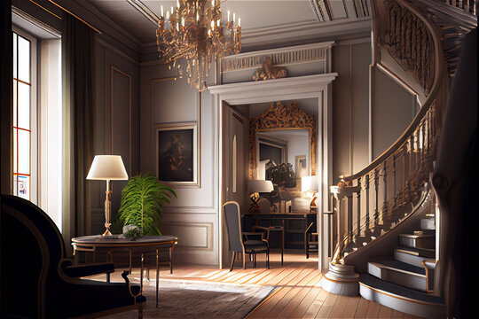 Vintage style grand mansion interior, in a palatial style, generative AI