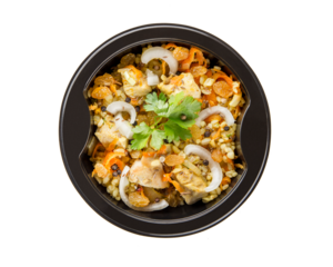 A dish in a black disposable container from catering on a concrete background, dietary catering, ready meals with you, healthy food