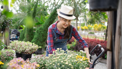 Happy Beautiful Asian woman enjoy buying plants in market, she loves live plants, going to buy them for home.