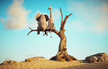 Fototapeta Elephant and giraffe stands on thin branch of withered tree in surreal landscape. The concept of friendship. obraz
