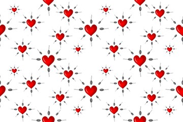 Seamless pattern of red hearts and running sperm on a whitebackground.procreate illustration