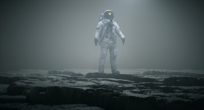 Astronaut standing on foggy land . Discovery and journey concept