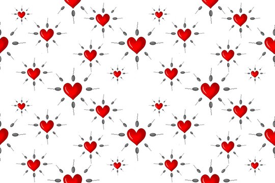 Seamless pattern of red hearts and running sperm on a whitebackground.procreate illustration