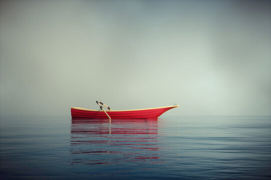 Empty rowboat at sea.