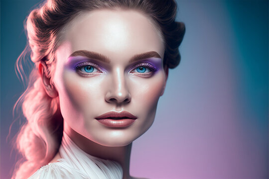 Fashion portrait., caucasian woman, beautiful woman, make up, model, princess, beauty, candy world, alice in wonderland, cosmetic, stetic, hairstyle, makeup, copy space, skincare, generative ai