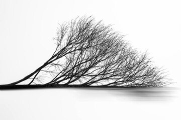 Dark silhouette of a beautiful tree on white snow with black ink effect and motion blur. Minimalism in the landscape.