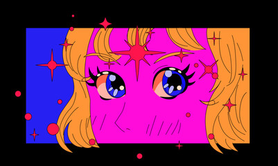 Pop art style illustration of sparkling anime eyes. Poster or t-shirt print template.
