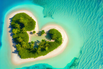Aerial shot of tropical island with sandy beach in the shape of heart.