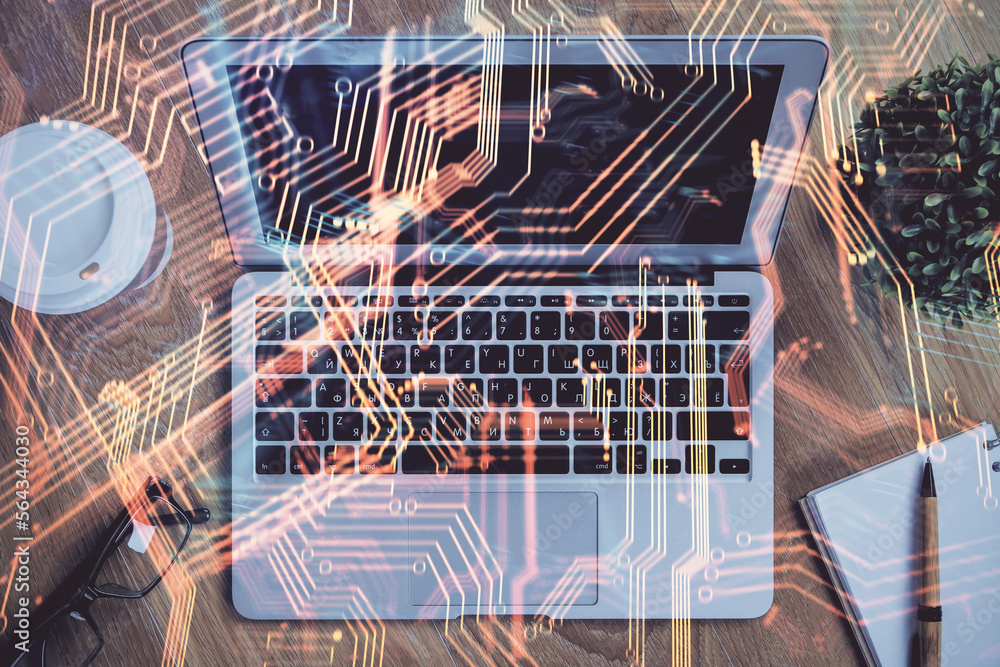 Aufkleber computer on desktop in office with technology theme hologram. multi exposure. tech concept.