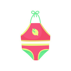 Colorful swimsuit with lemon for children vector illustration. Cartoon drawing of swimming suit for babies or kids isolated on white background. Summer, fashion, childhood concept