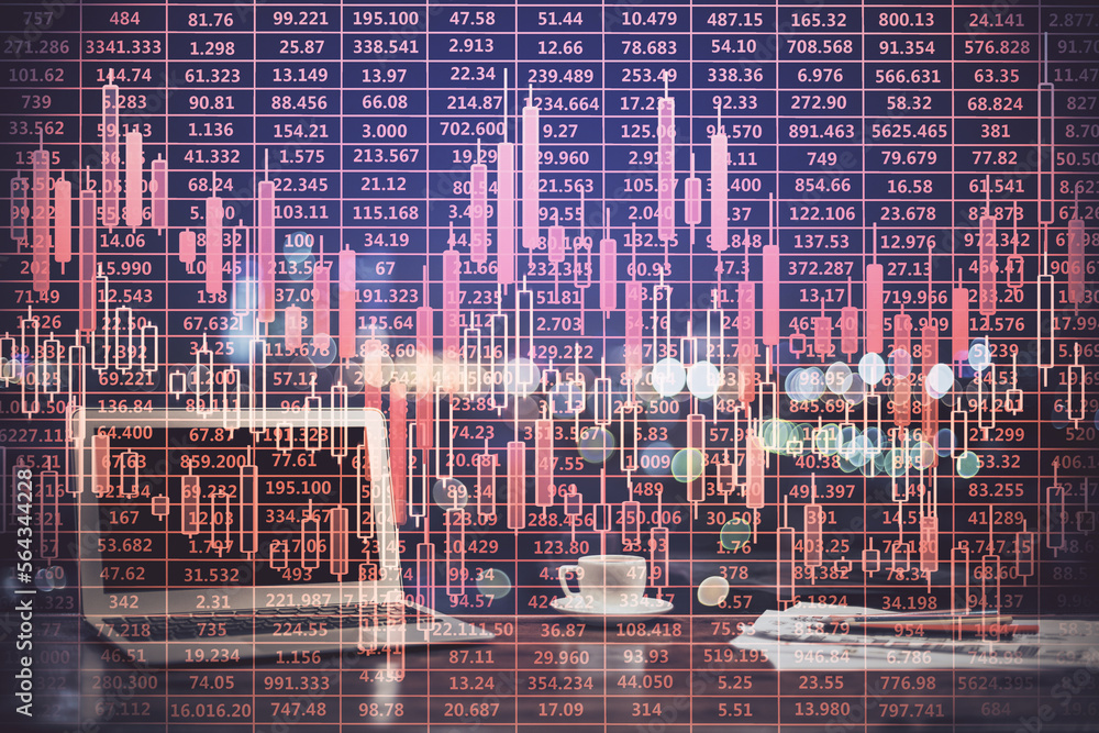 Poster multi exposure of forex graph and work space with computer. concept of international online trading.