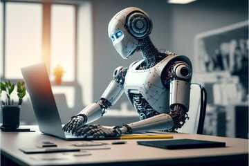 smart robot works on tasks at modern desk in minimal 