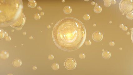 Cosmetics Golden Serum bubbles on defocus background. Collagen bubbles Design. Moisturizing Cream and Serum Concept. Vitamin for personal care and beauty concept. 3D Rendering