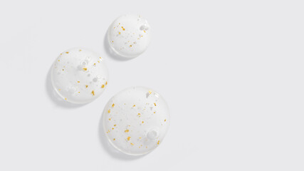 Cosmetic gel or beauty jelly serum texture background. Transparent skin care collagen product with gold flakes.