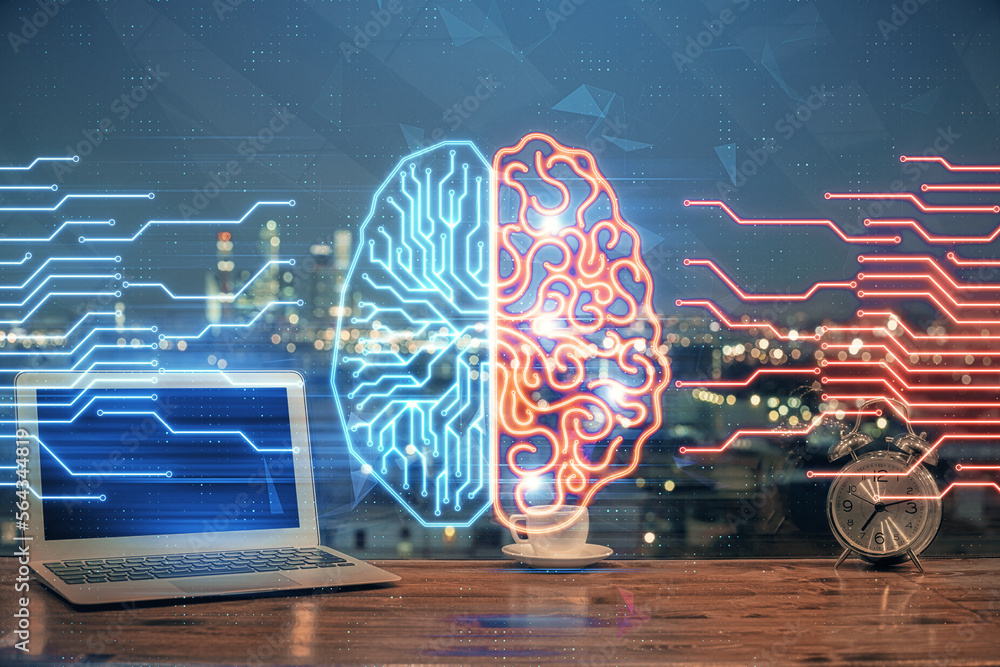 Poster Double exposure of work table with computer and brain sketch hologram. Brainstorming concept.
