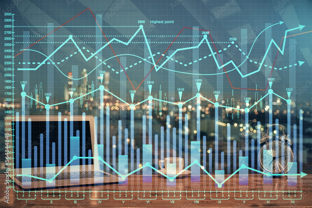 Poster Multi exposure of forex graph and work space with computer. Concept of international online trading.