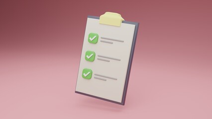 Checklist 3d illustration with check marks on pink background 8k