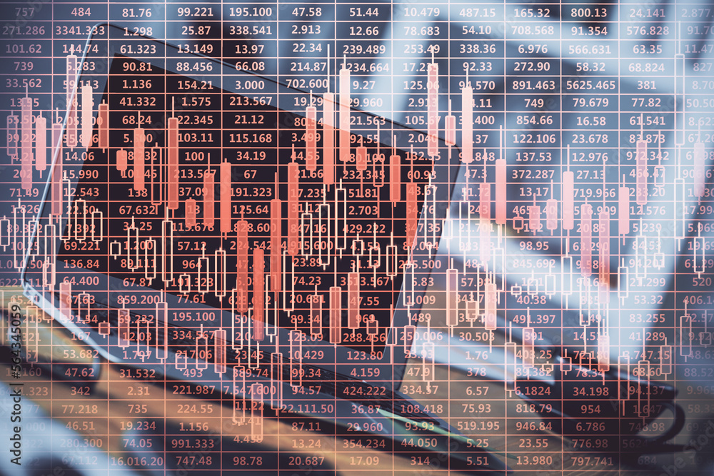 Poster Multi exposure of forex graph and work space with computer. Concept of international online trading.