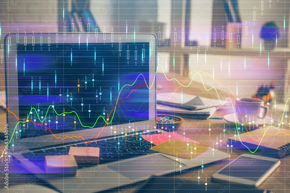 Poster Multi exposure of forex graph and work space with computer. Concept of international online trading.