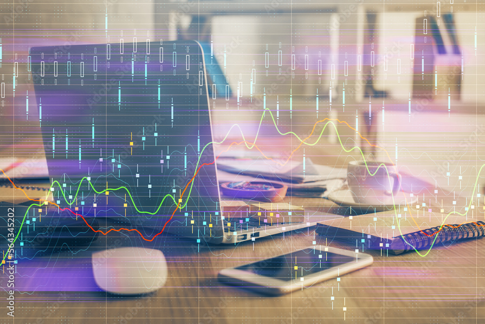 Aufkleber multi exposure of forex graph and work space with computer. concept of international online trading.