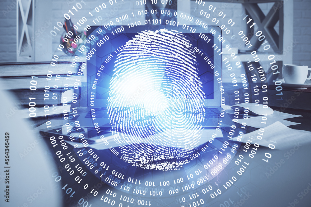 Poster computer on desktop in office with finger print drawing. double exposure. concept of business data s