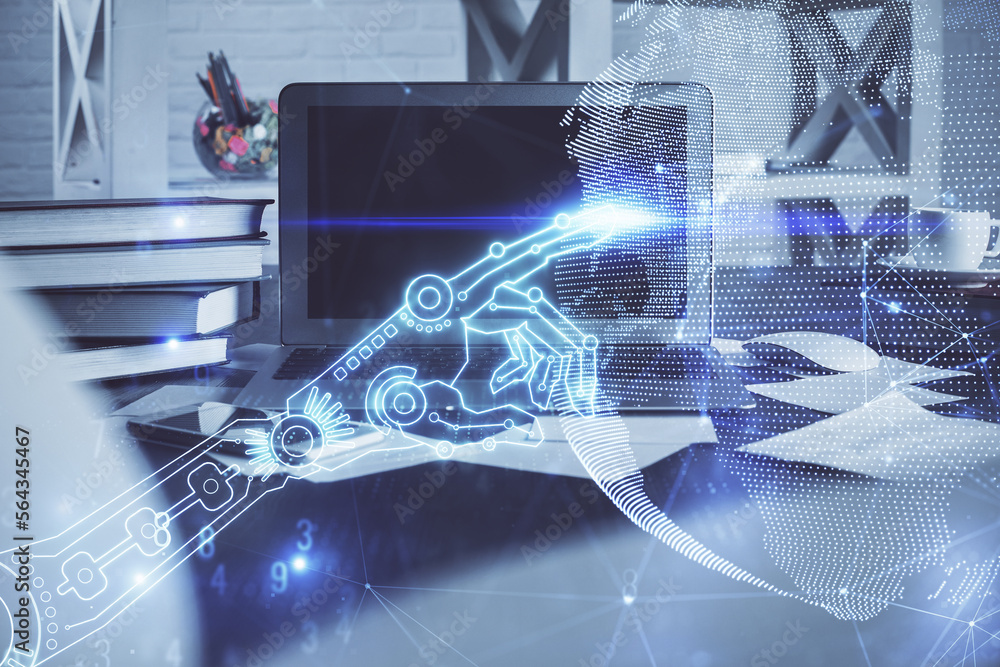 Poster computer on desktop in office with technology theme hologram. multi exposure. tech concept.