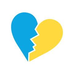 Blue and yellow halves of heart vector illustration. Cartoon drawing of broken heart in colors of Ukrainian flag or anti-war element isolated on white background. War, military, peace concept