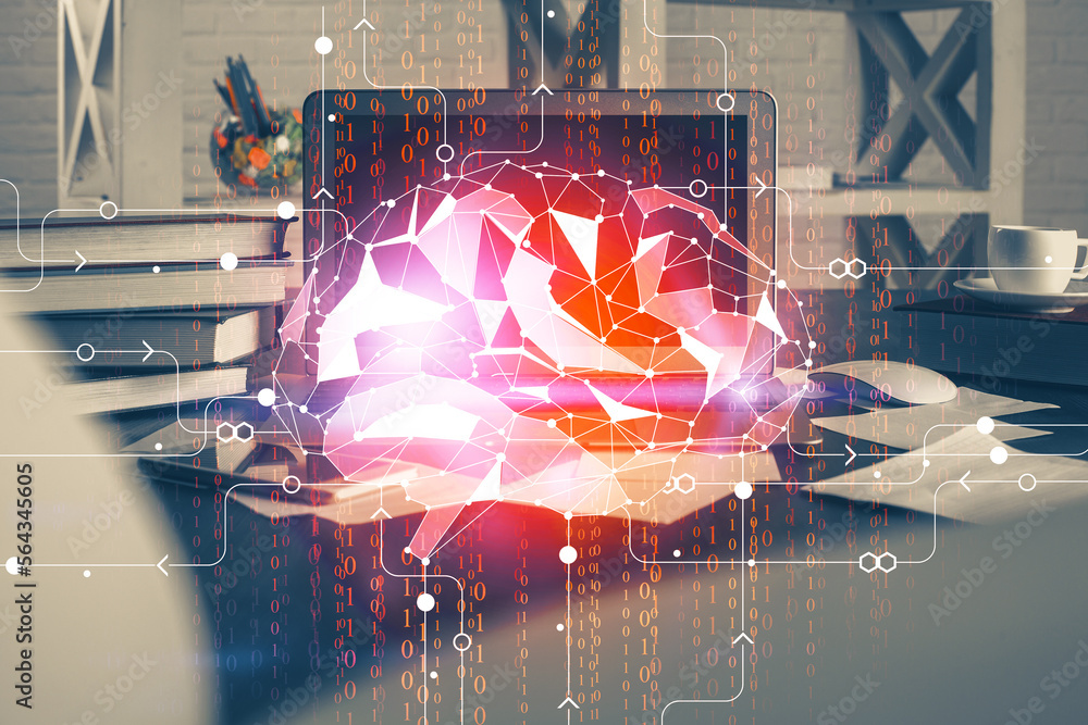 Aufkleber Double exposure of work table with computer and brain sketch hologram. Brainstorming concept.