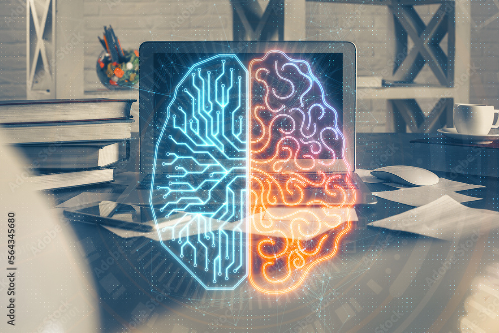 Aufkleber Double exposure of work table with computer and brain sketch hologram. Brainstorming concept.